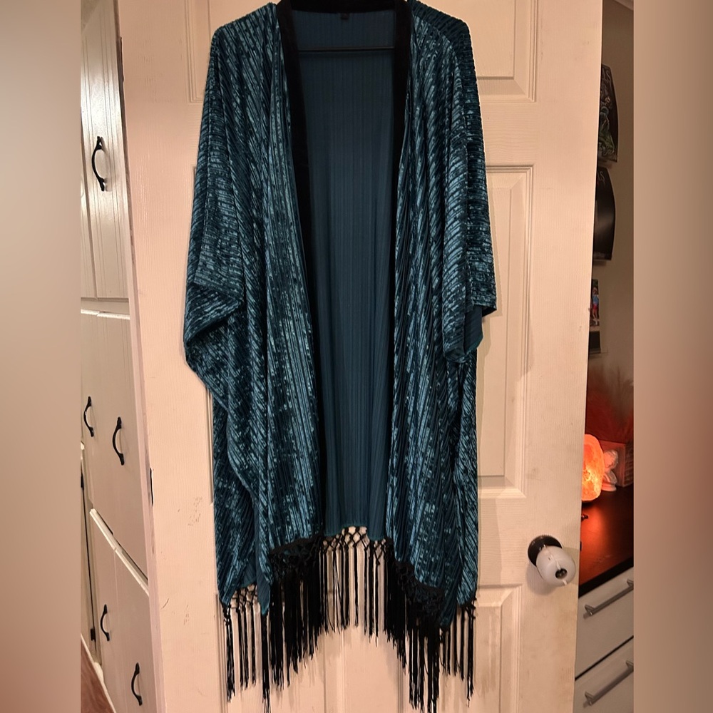 Teal Velvet Kimono with Fringe